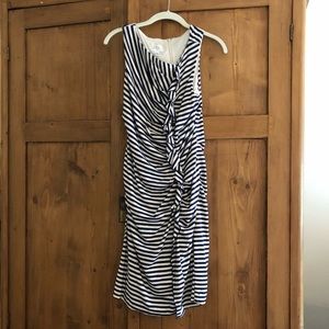 Navy and white striped jersey ruffled dress